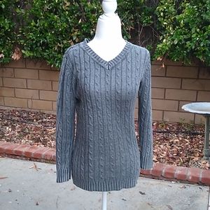 Sally Mack v-neck cable distressed grey sweater.